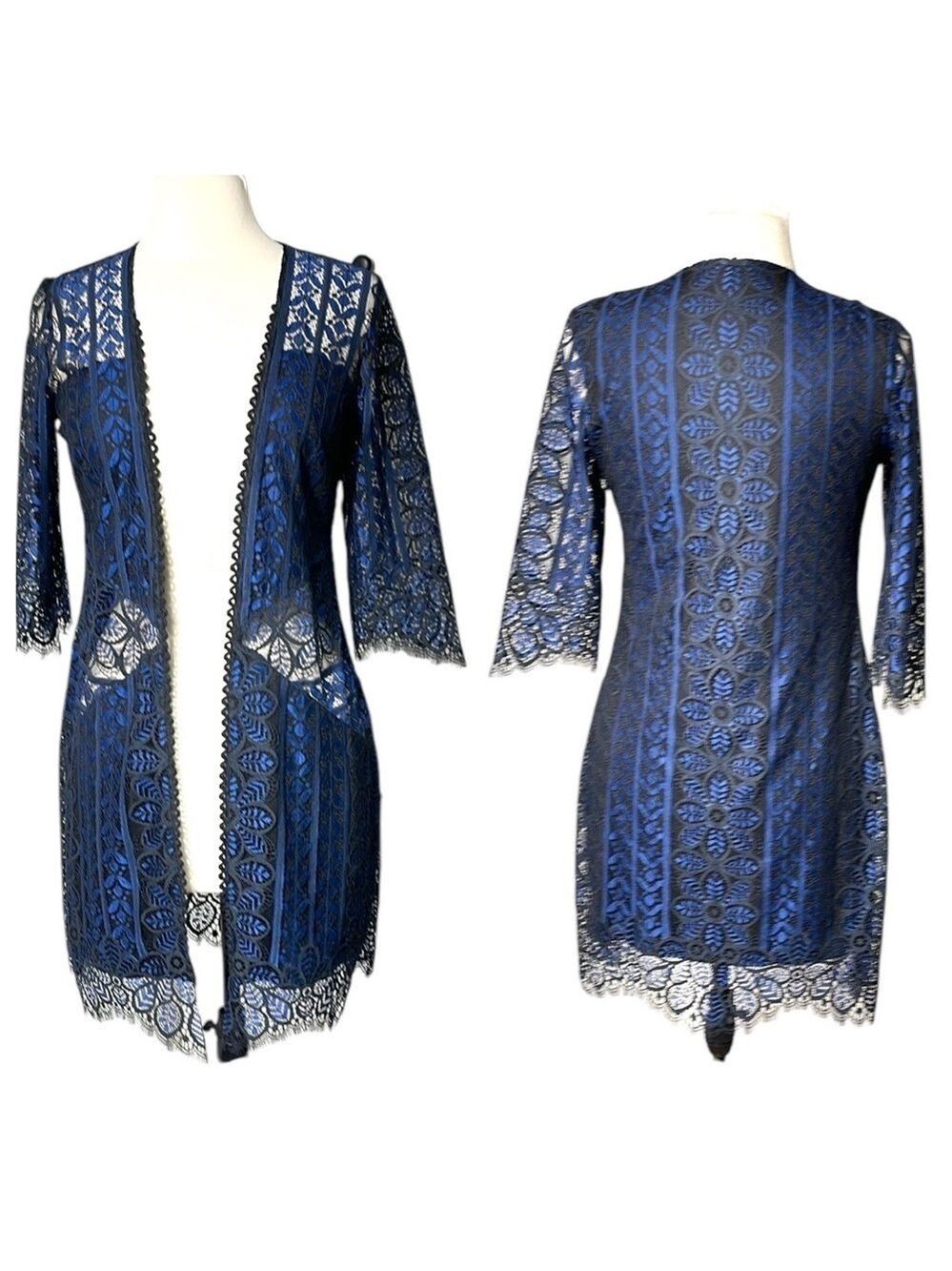 For Love & Lemons Lace Open Front Kimono Cardigan Top SZ L Black Blue - Picture 1 of 5